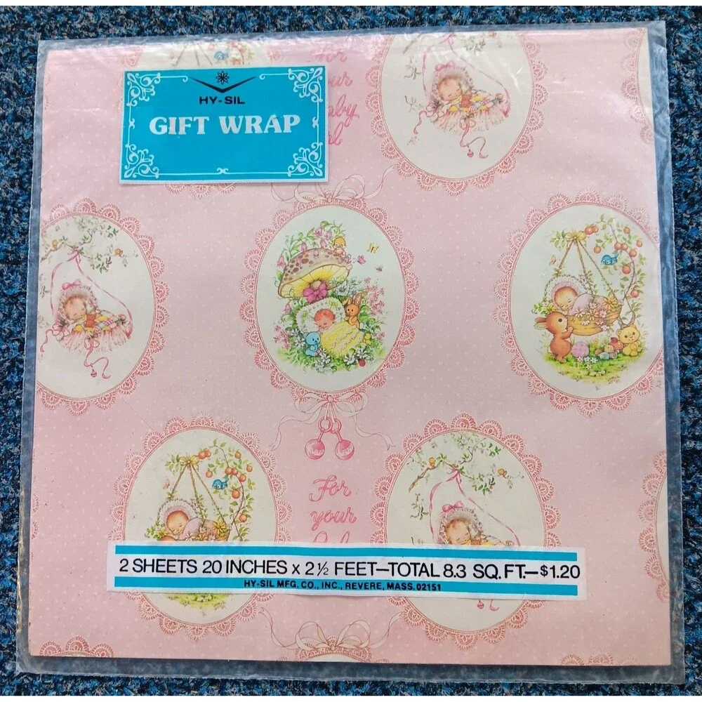 Vintage Hy-Sil Gift Wrap Wrapping Paper For Your Baby Girl Shower 2 Sheets 20x30